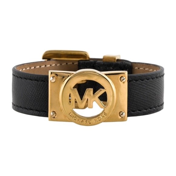 MICHAEL KORS • Black Leather Gold Logo Adjustable Bracelet - Picture 1 of 12